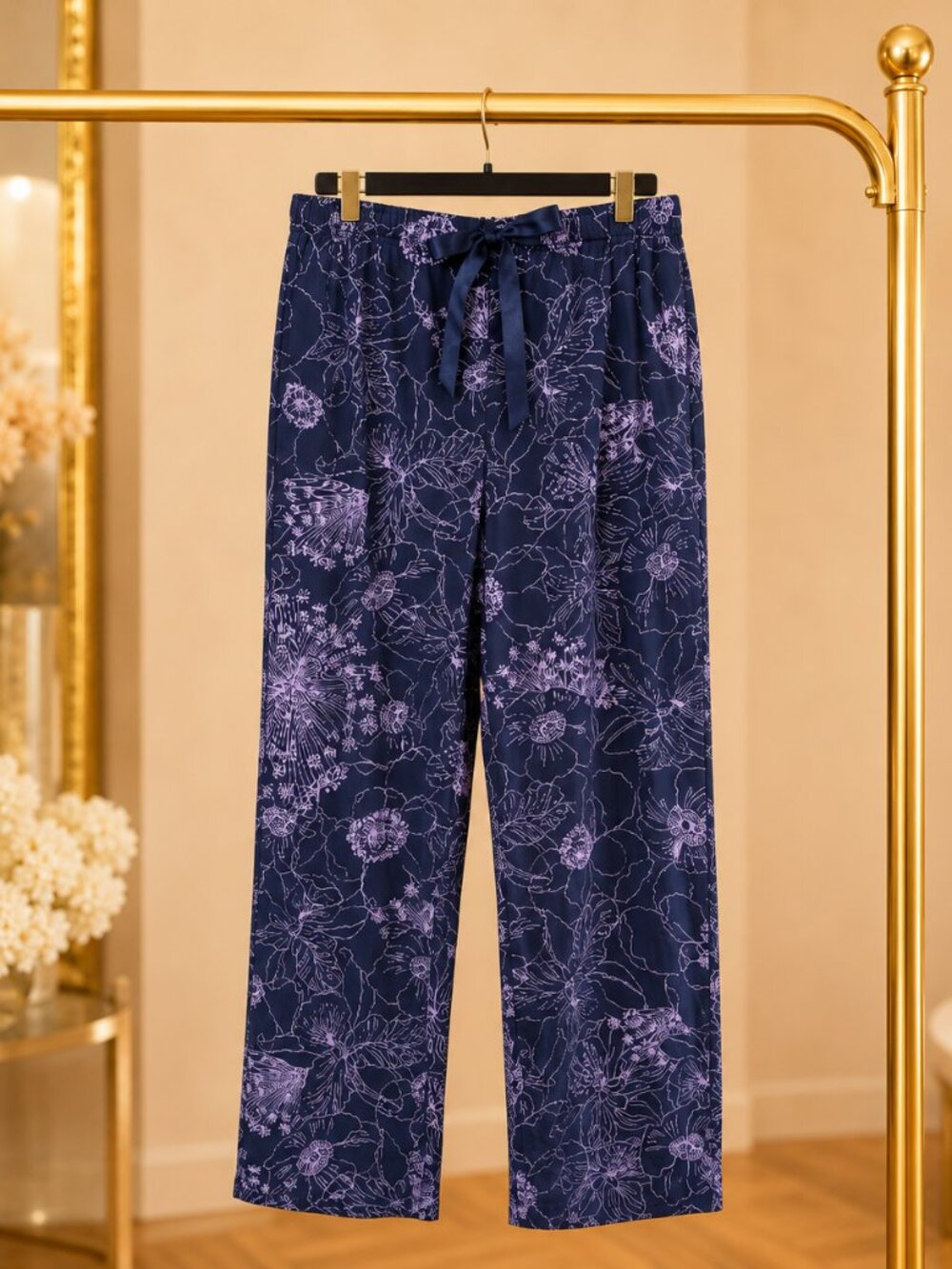 Victoria's Secret Navy Floral 100% Cotton Lounge Pants Drawstring Wide Leg L